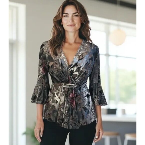 Gray Velvet Burnout Floral Blouse Bell Sleeve Babydoll Size Small Whimsygoth Y2K - Picture 1 of 9